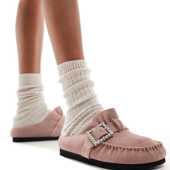 NWOT Free People Diamonte Buckle Slip on Buckle Mules in Blush Pink - Picture 1 of 12